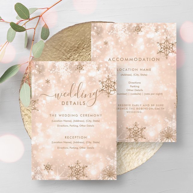 Invitación Detalles de la Rosa de oro de esparkle festivo par (Festive Sparkle Rose Gold Winter Wedding Details Invitation)