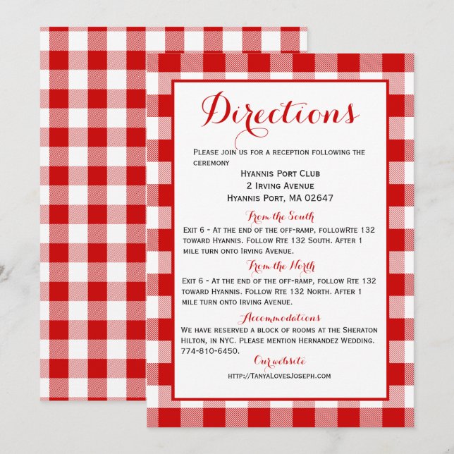 Invitación Detalles de las instrucciones de Gingham Boda de c (Anverso / Reverso)