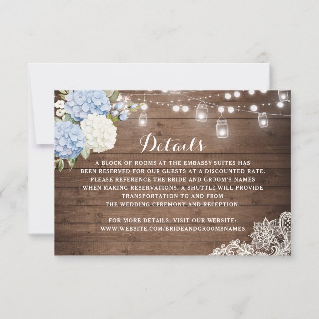 Invitación Detalles de las luces de cadena Rustic Wood Blue H (Anverso)