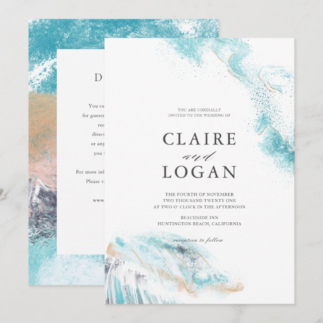 Invitación Detalles de olas azules salpicando Boda Costera (Anverso / Reverso)