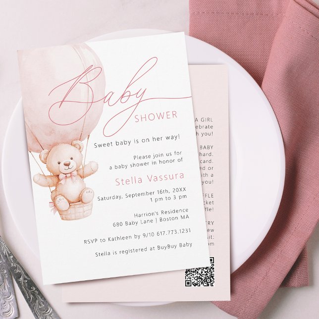 Invitación Detalles de Oso de Teddy Chica de código QR Baby S (Teddy Bear Details QR Code Girl Baby Shower Invitation)