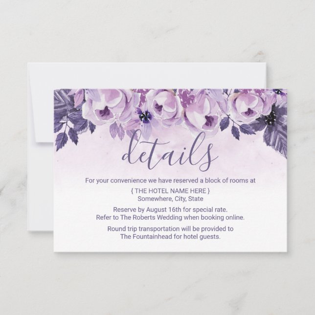 Invitación Detalles del Boda acuarela morado floral (Anverso)