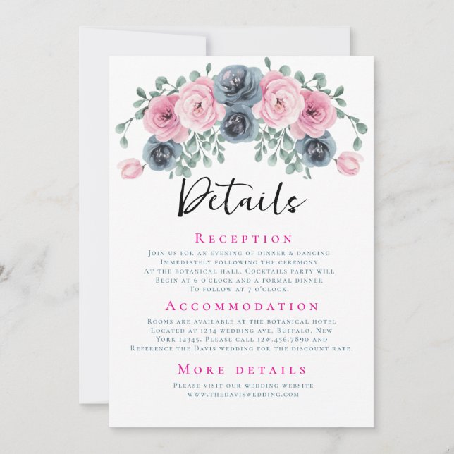 Invitación Detalles del Boda Arch Pink and Blue Blooms (Anverso)