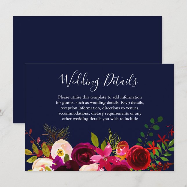 Invitación Detalles del Boda azul de la Marina de Flores de B (Anverso / Reverso)
