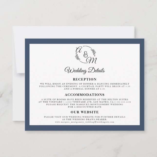 Invitación Detalles del Boda azul de la Marina, elegante y si (Anverso)