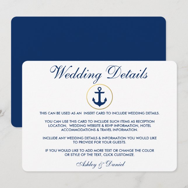 Invitación Detalles del Boda azul náutico Insertar (Anverso / Reverso)