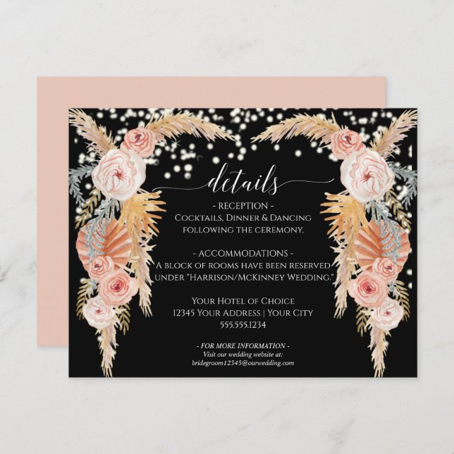 Invitación Detalles del Boda Boho Pampas Grass Twinkle Lights (Anverso / Reverso)