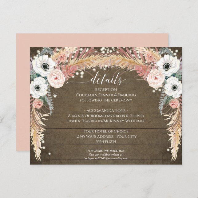 Invitación Detalles del Boda Boho Pampas Grass Twinkle Lights (Anverso / Reverso)