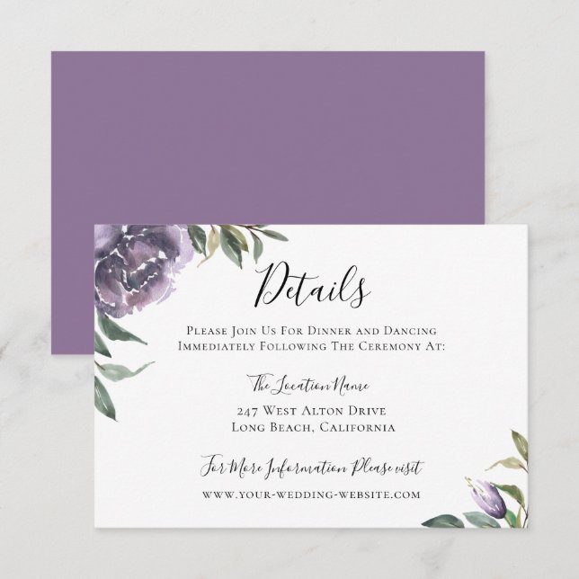 Invitación Detalles del Boda botánico púrpura (Anverso / Reverso)