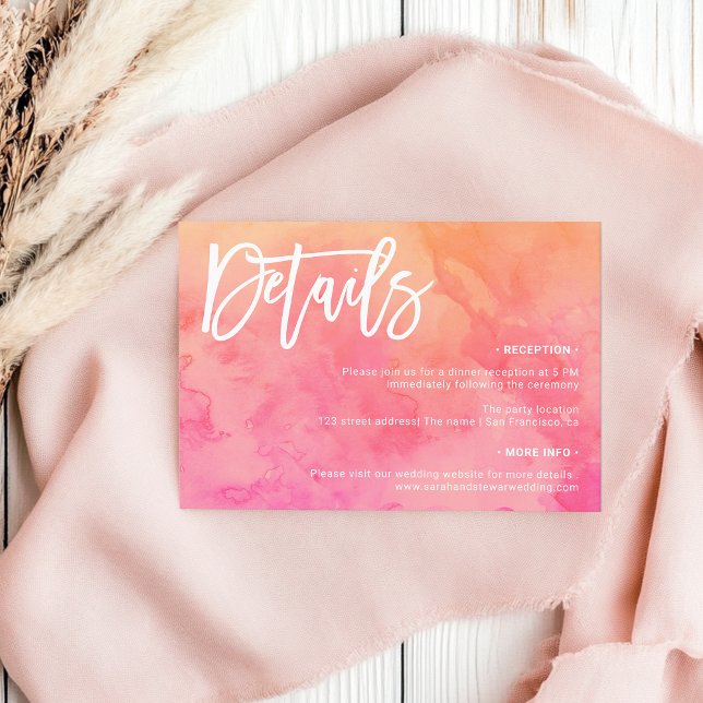 Invitación Detalles del Boda de acuarela del naranja rosa de  (Summer pink orange Watercolor Wedding Details Invitation)