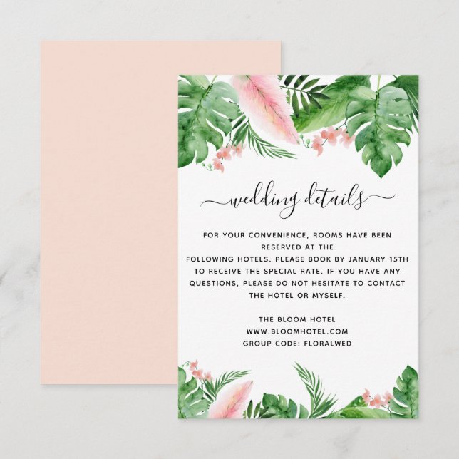 Invitación Detalles del Boda de acuarela floral de palmeras t (Anverso / Reverso)
