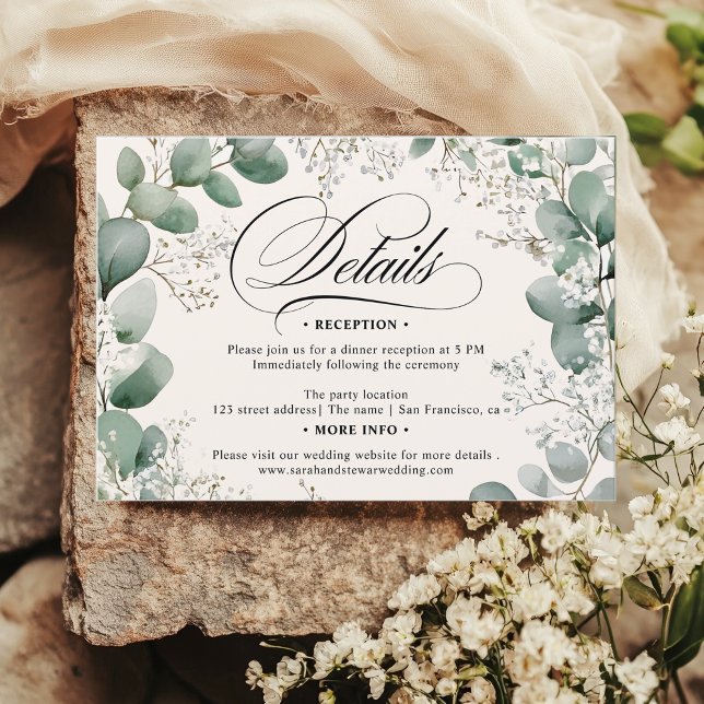 Invitación Detalles del Boda de aliento de Sage Eucalyptus Ba (Sage Eucalyptus Baby’s Breath Wedding Details Invitation)