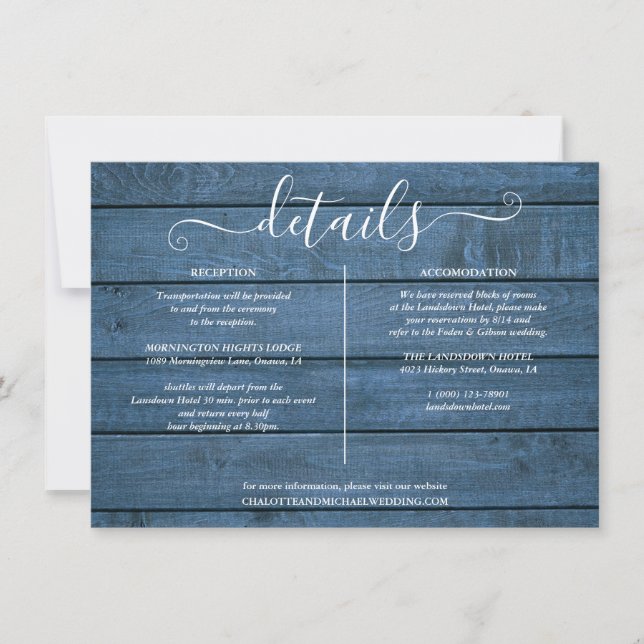 Invitación Detalles del Boda de Blue Rustic Wood String Light (Anverso)