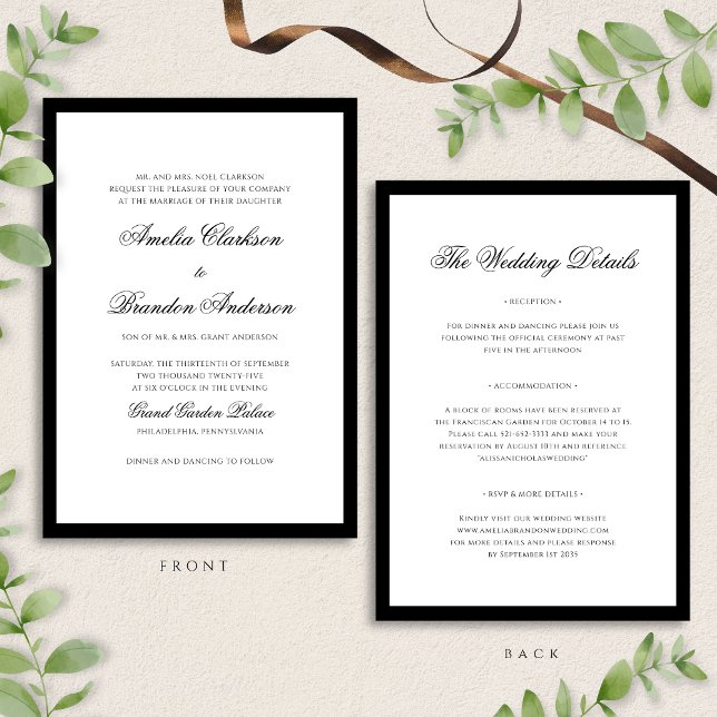Invitación Detalles del Boda de borde blanco y negro clásico (Subido por el creador)