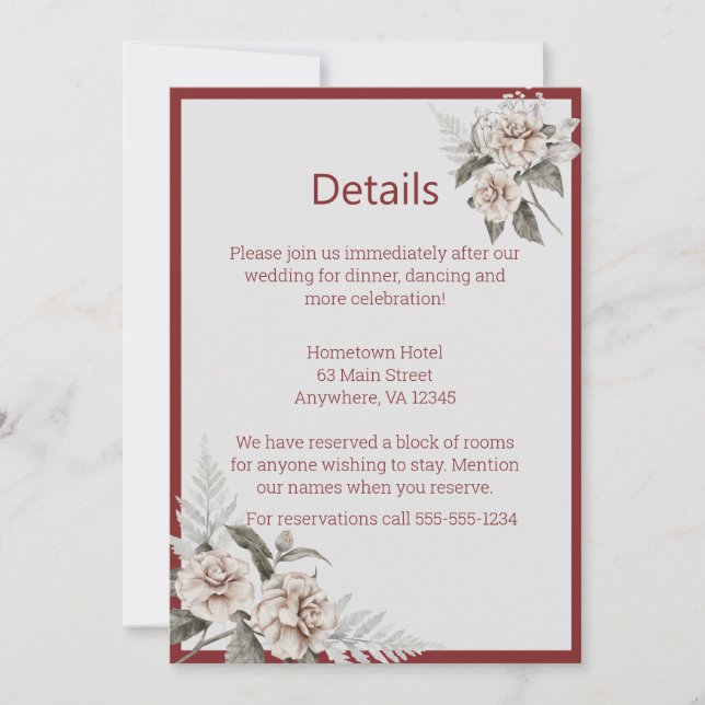 Invitación Detalles del Boda de Borgoña, Rubor y rosas blanca (Anverso)