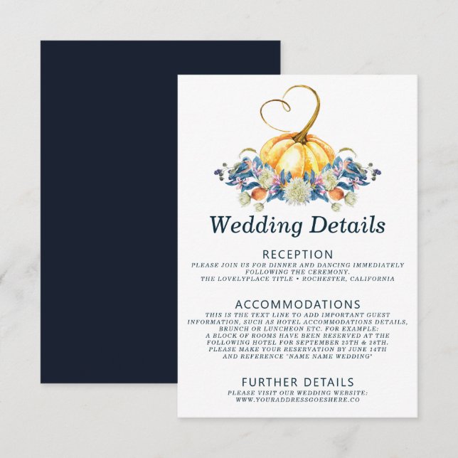 Invitación Detalles del Boda de calabaza de otoño (Anverso / Reverso)