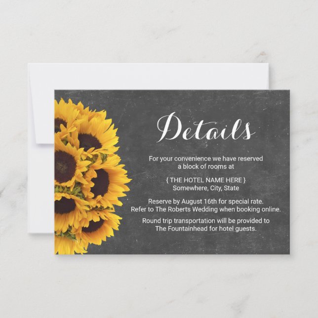Invitación Detalles del Boda de chalkboard de girasoles rusos (Anverso)