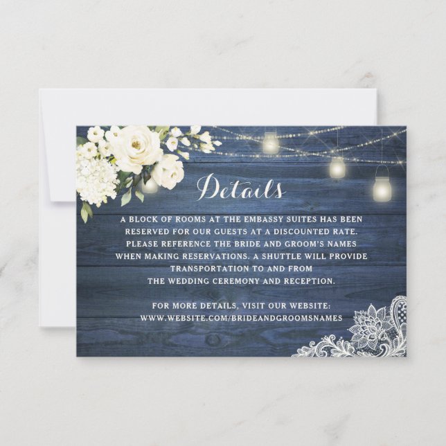 Invitación Detalles del Boda de encaje floral blanco de mader (Anverso)