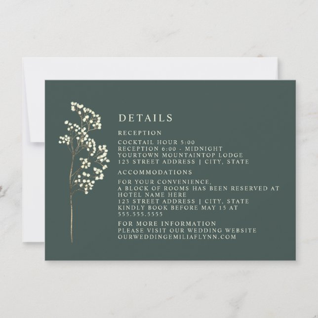Invitación Detalles del Boda de Esmeralda Botánica Gypsophila (Anverso)