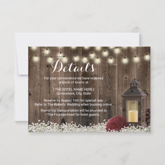 Invitación Detalles del Boda de Flor Rústica y Borgoña (Anverso)