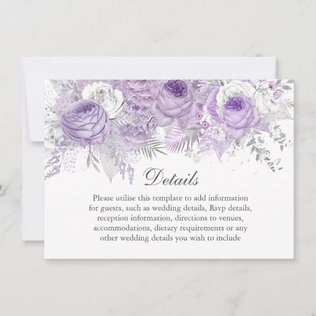 Invitación Detalles del Boda de flores de plata morada de lav (Anverso)
