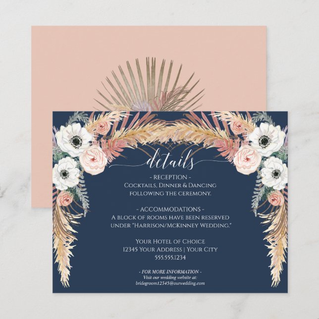 Invitación Detalles del Boda de hierba de Rubor Floral Pampas (Anverso / Reverso)
