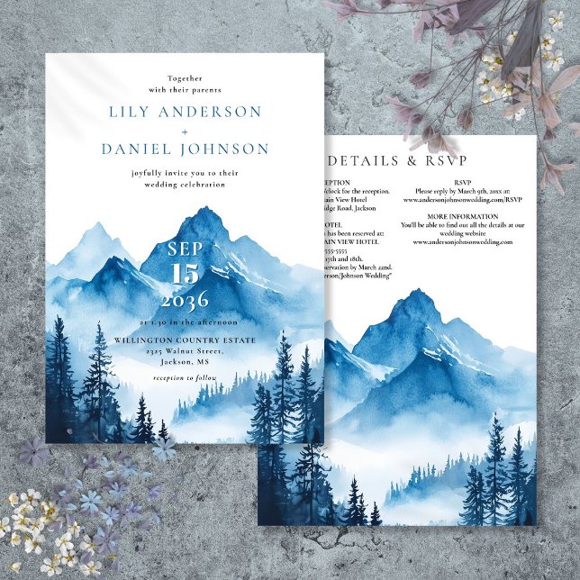 Invitación Detalles del Boda de la Montaña Rustic Blue Waterc (Rustic Blue Watercolor Mountain Wedding Details Invitation)