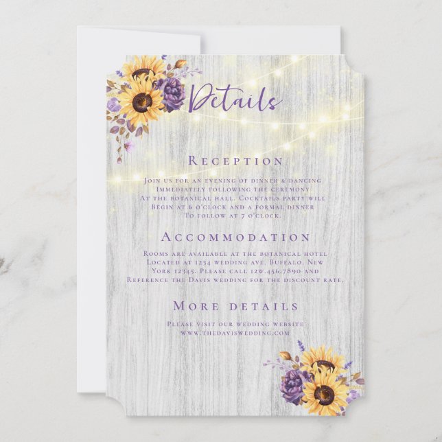 Invitación Detalles del Boda de la Peonía Púrpura del Girasol (Anverso)
