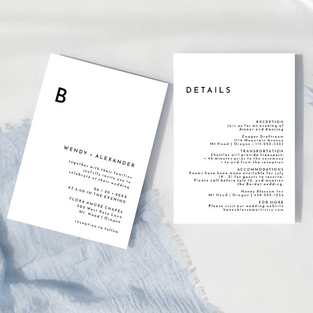 Invitación Detalles del Boda de monograma blanco moderno negr (Subido por el creador)