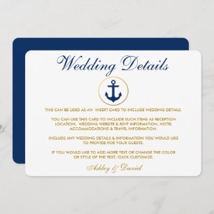 Invitación Detalles del Boda de oro azul náutico Insertar