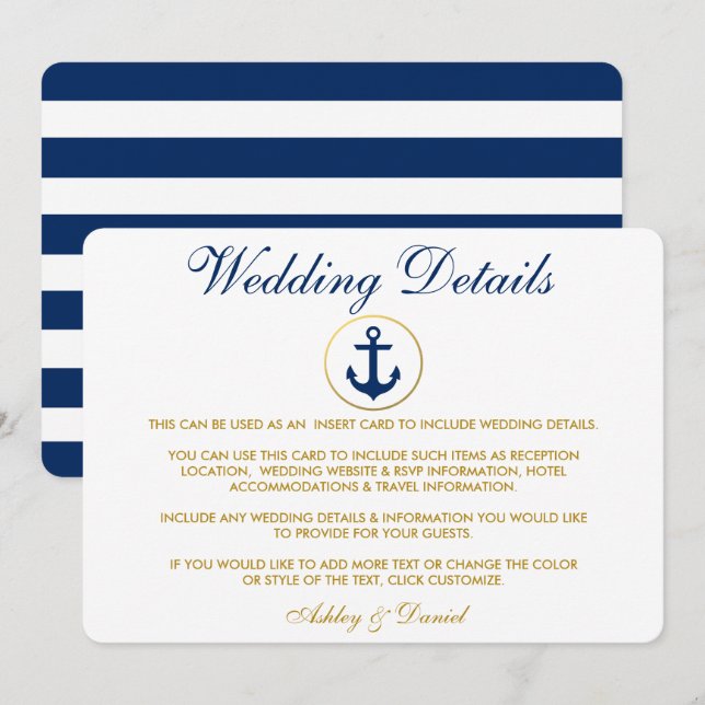 Invitación Detalles del Boda de oro de las franjas azules náu (Anverso / Reverso)