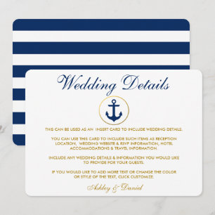Invitación Detalles del Boda de oro de las franjas azules náu