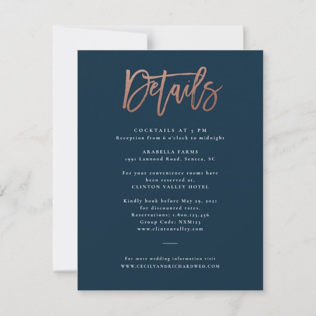 Invitación Detalles del Boda de oro de Rosa de guión moderno (Anverso)