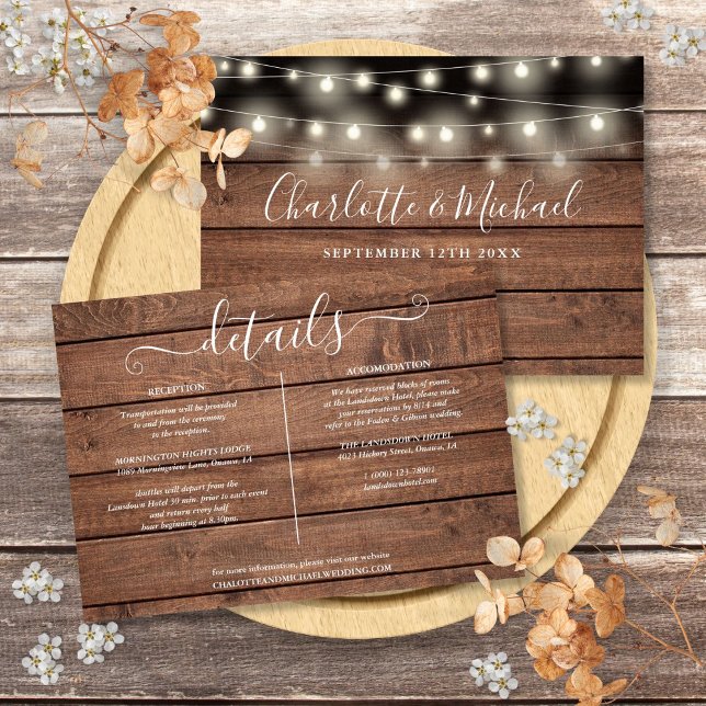 Invitación Detalles del Boda de Rustic Wood String Lights (Rustic Wood String Lights Wedding Details Invitation)