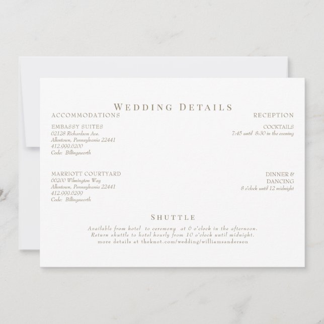 Invitación Detalles del Boda de texto blanco y dorado (Anverso)