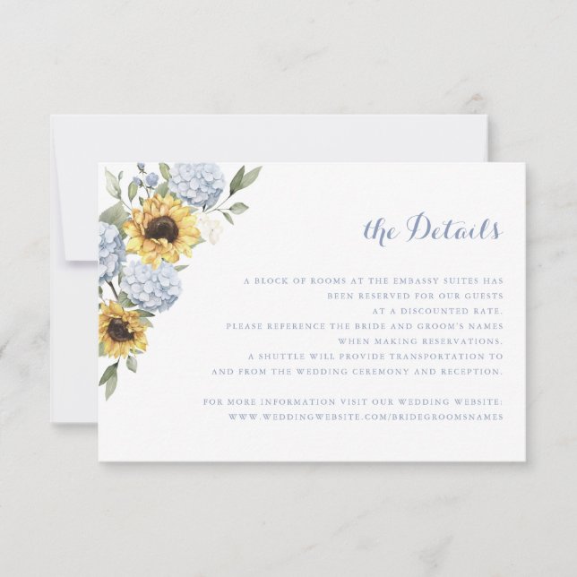 Invitación Detalles del Boda de vegetación de girasoles azul  (Anverso)