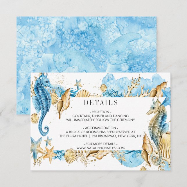 Invitación Detalles del Boda de verano "Bajo el Mar Azul Oro" (Anverso / Reverso)