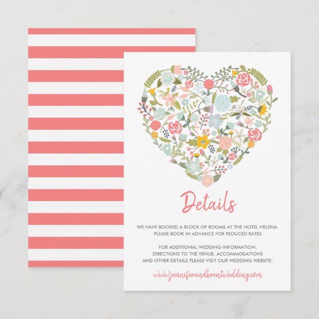 Invitación Detalles del Boda del corazón floral (Anverso / Reverso)