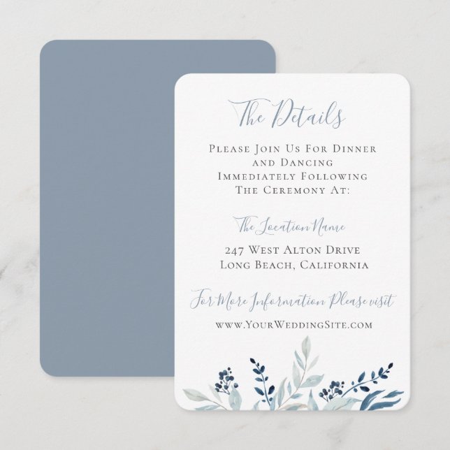 Invitación Detalles del Boda del follaje botánico azul turbio (Anverso / Reverso)