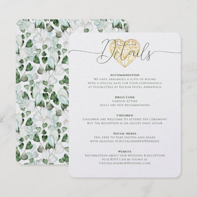 Invitación Detalles del Boda del follaje elegante del corazón (Anverso / Reverso)