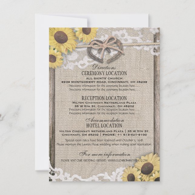 Invitación Detalles del Boda del girasol Burlap Lace Horsesho (Anverso)