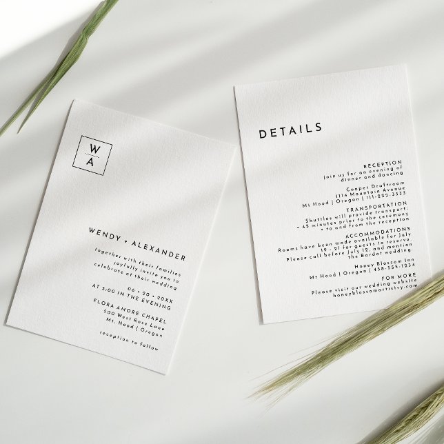 Invitación Detalles del Boda del Monograma Blanco Moderno Neg (Subido por el creador)