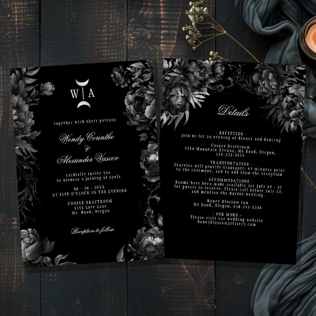 Invitación Detalles del Boda del Monograma Negro Gótico Moon  (Subido por el creador)