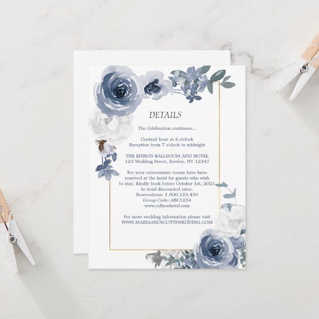 Invitación Detalles del Boda Dusty Blue White Floral Gold (Anverso/Reverso In Situ)