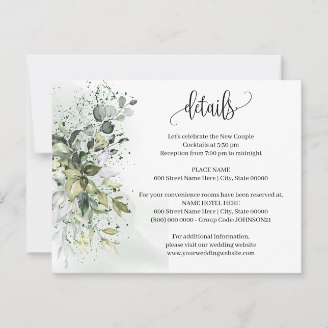 Invitación Detalles del Boda Eucalyptus Greenery Insertar tar (Anverso)