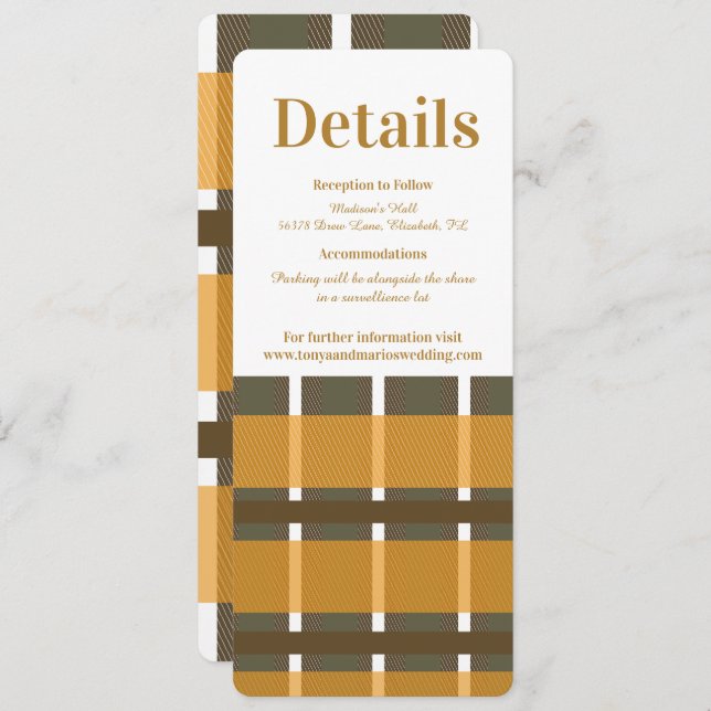 Invitación Detalles del Boda Flannel Mustard de Plaid Fall (Anverso / Reverso)