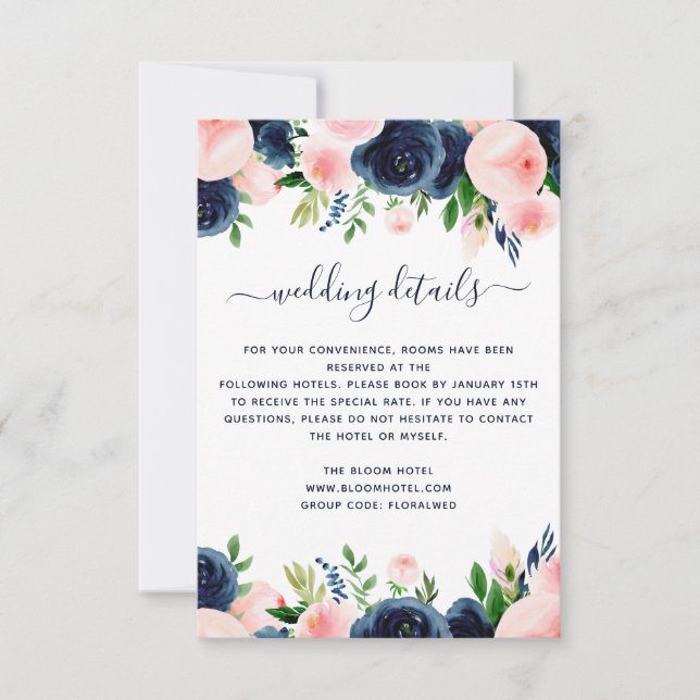 Invitación Detalles del Boda floral acuático azul marino (Anverso)