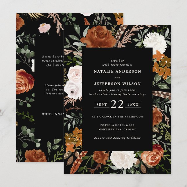 Invitación Detalles del boda floral de terracota negra presup (Anverso / Reverso)