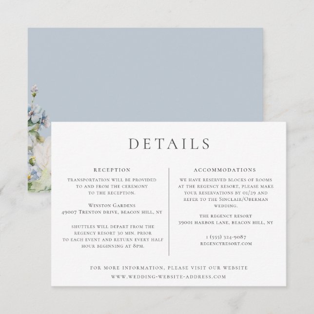 Invitación Detalles del Boda Floral Dusty Blue Garden (Anverso / Reverso)