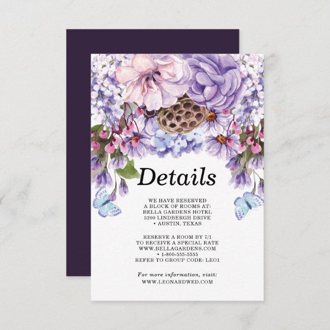 Invitación Detalles del Boda Floral Purple Watercolor (Anverso / Reverso)